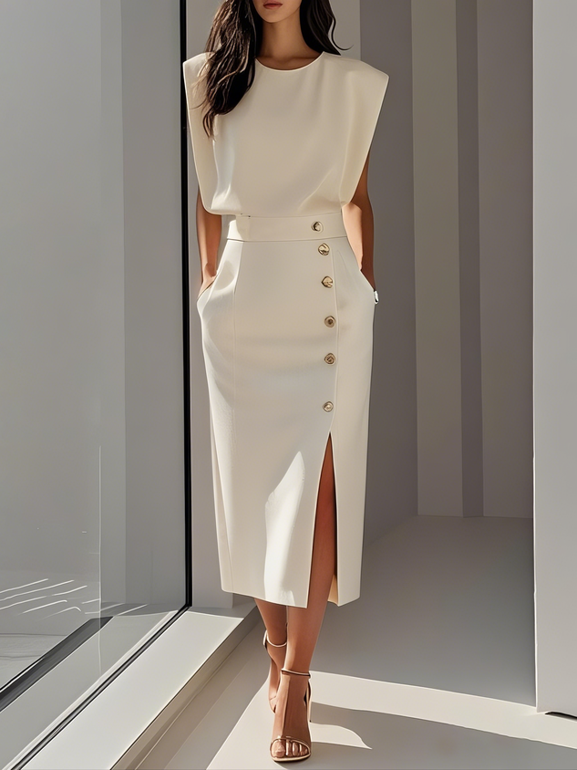 Women's Bodycon Midi Dress Sleeveless with Button Detail and Side Slit - Beige
