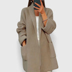 Women's Cardigan with Ribbed Knit and Open Front - Camel