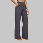 Women's Straight Leg Trousers with High Waist and Pockets - Grey