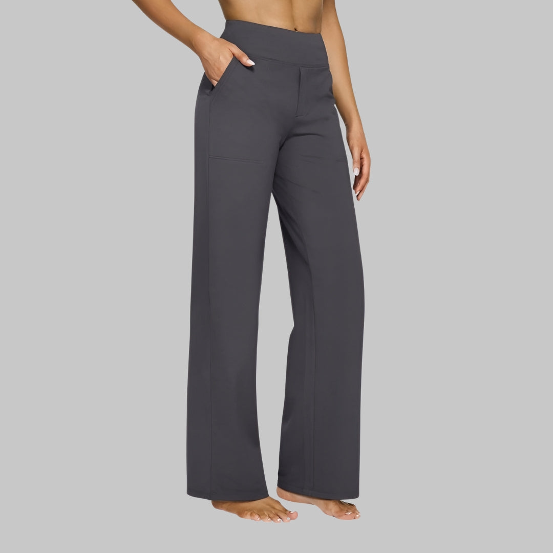 Women's Straight Leg Trousers with High Waist and Pockets - Grey