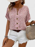 Women's Floral Blouse Short Sleeve with Button Placket and Relaxed Fit - Pink