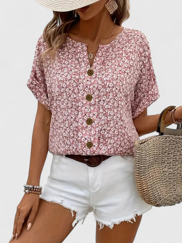 Women's Floral Blouse Short Sleeve with Button Placket and Relaxed Fit - Pink