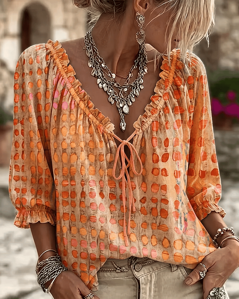 Women's Blouse Tie-Neck V-Neck with Puff Sleeves - Orange