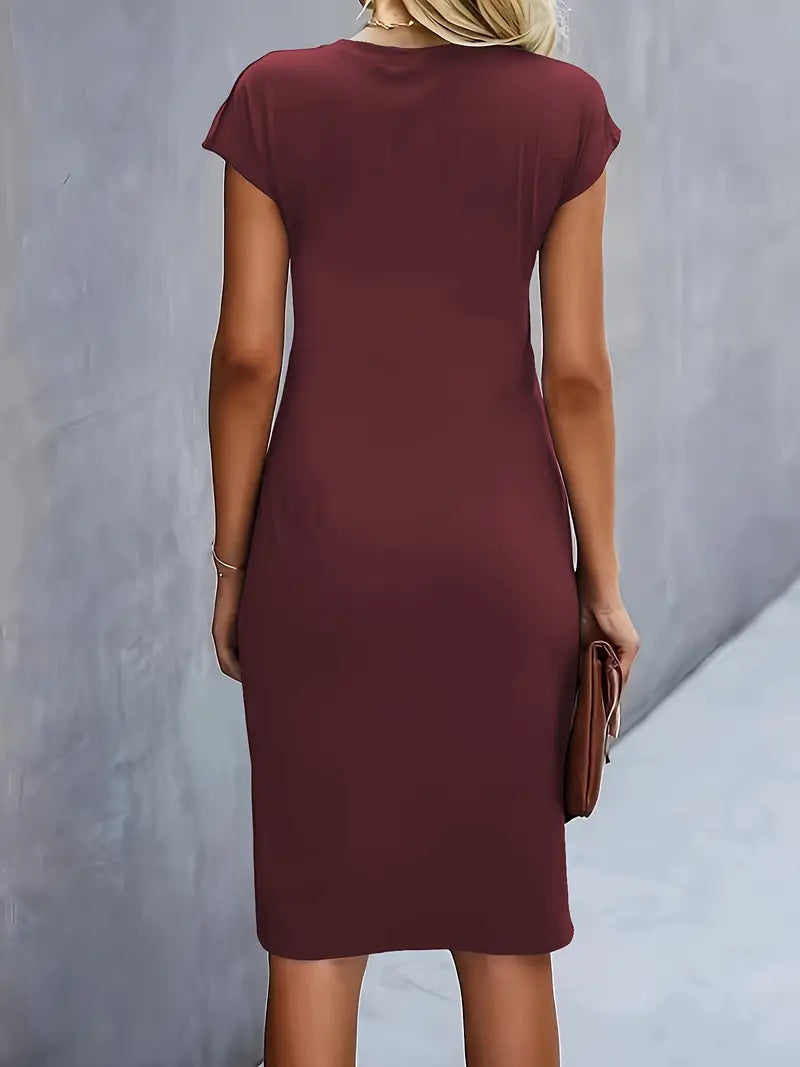 Women's Midi Dress with Round Neck and Ruched Waist - 19