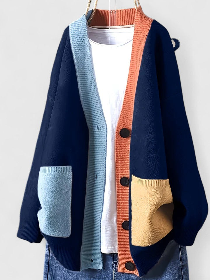 Women's Cardigan Oversized with Colour Block Trim and Patch Pockets - Blue