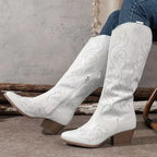 Women's Knee-High Embroidered Cowboy Boots with Pointed Toe - 12