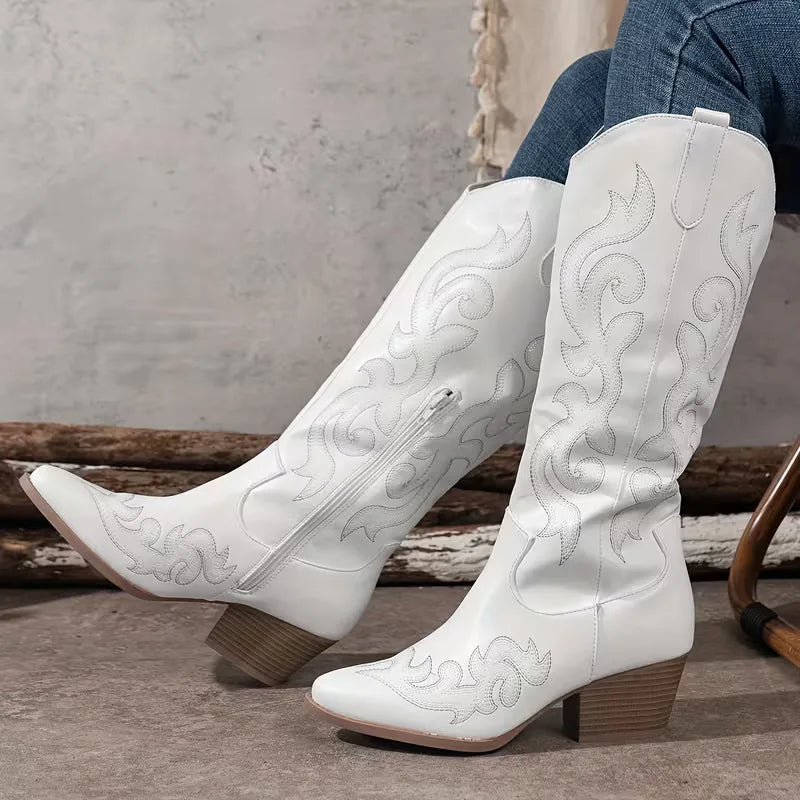 Women's Knee-High Embroidered Cowboy Boots with Pointed Toe - 12