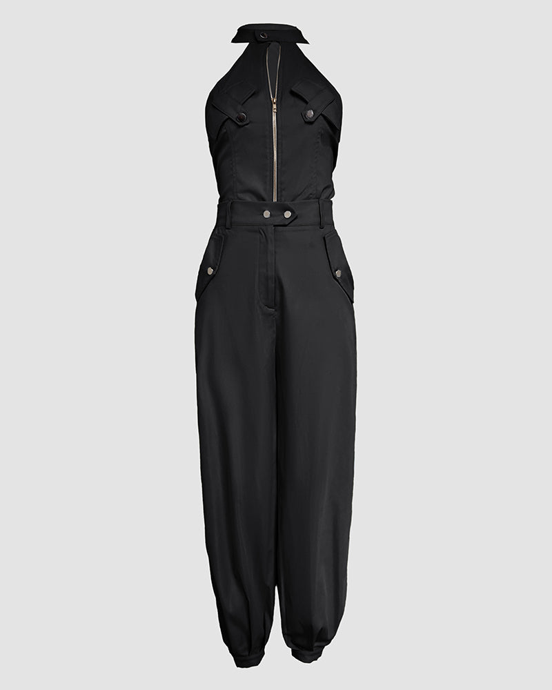 Women's Two-Piece Set Sleeveless High Neck Cargo Top and Cuffed Trousers - 14