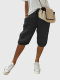 Women's Cropped Trousers with Drawstring Waist and Side Pockets - Black