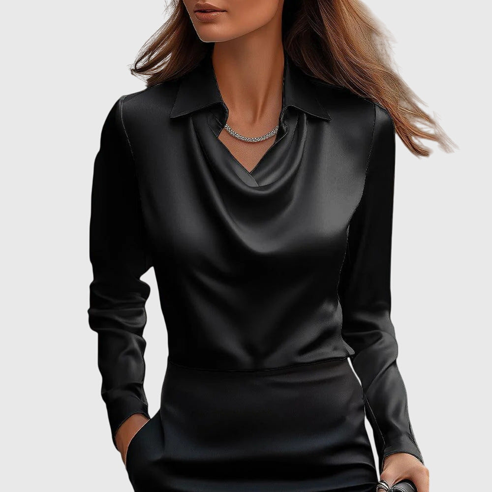 Women's Blouse with Draped Cowl Neckline and Long Sleeves - Black