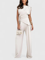 Women's Two-Piece Set Sleeveless Draped Top with Wide-Leg Trousers - Peach