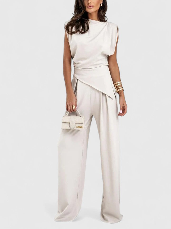 Women's Two-Piece Set Sleeveless Draped Top with Wide-Leg Trousers - Peach