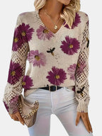 Women's Jumper V-Neck Floral Print with Crochet Sleeves - 3
