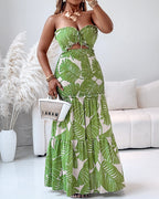 Women's Halter Tropical Print Maxi Dress with Cutout and Tied Waist - 12