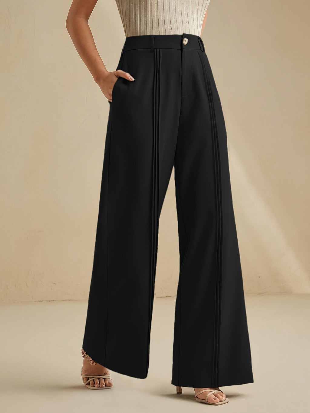 Women's High-Waist Wide-Leg Trousers with Pleated Front - 10