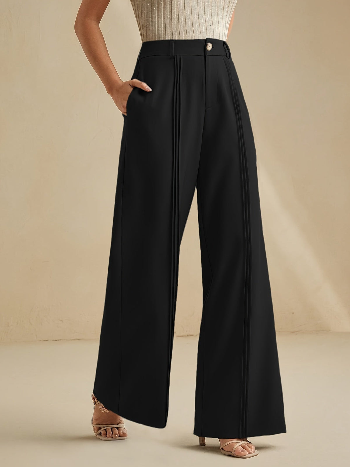 Women's High-Waist Wide-Leg Trousers with Pleated Front - 10