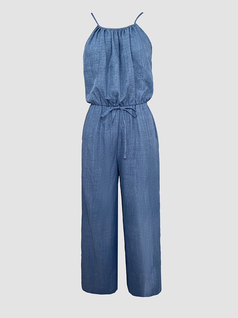 Women's Spaghetti Strap Jumpsuit with Tied Waist and Wide Leg - 5