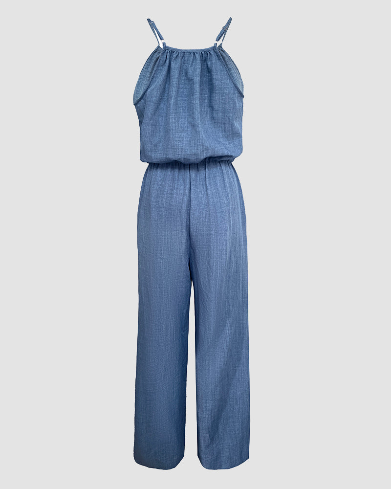 Women's Spaghetti Strap Jumpsuit with Tied Waist and Wide Leg - 6