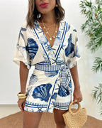 Women's Romper V-Neck Half Sleeve Wrap Knot with Seashell Print - 4