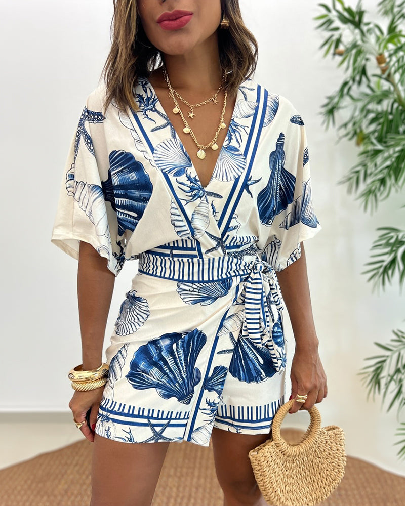 Women's Romper V-Neck Half Sleeve Wrap Knot with Seashell Print - 4