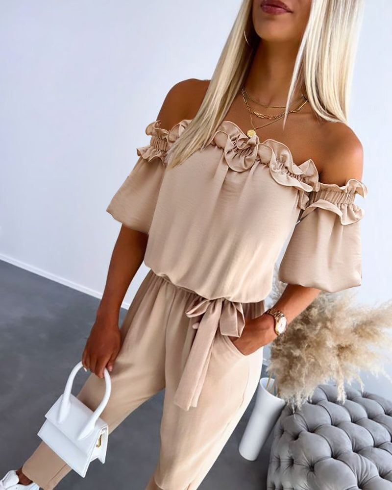 Women's Off-Shoulder Jumpsuit with Frill Trim and Tie Waist - Apricot