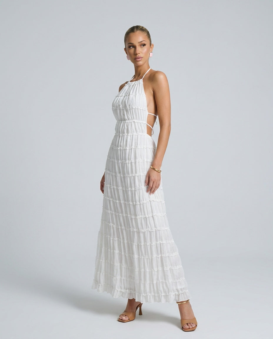 Women's Halter Maxi Dress with Pleated Detail and A-Line Silhouette - 12