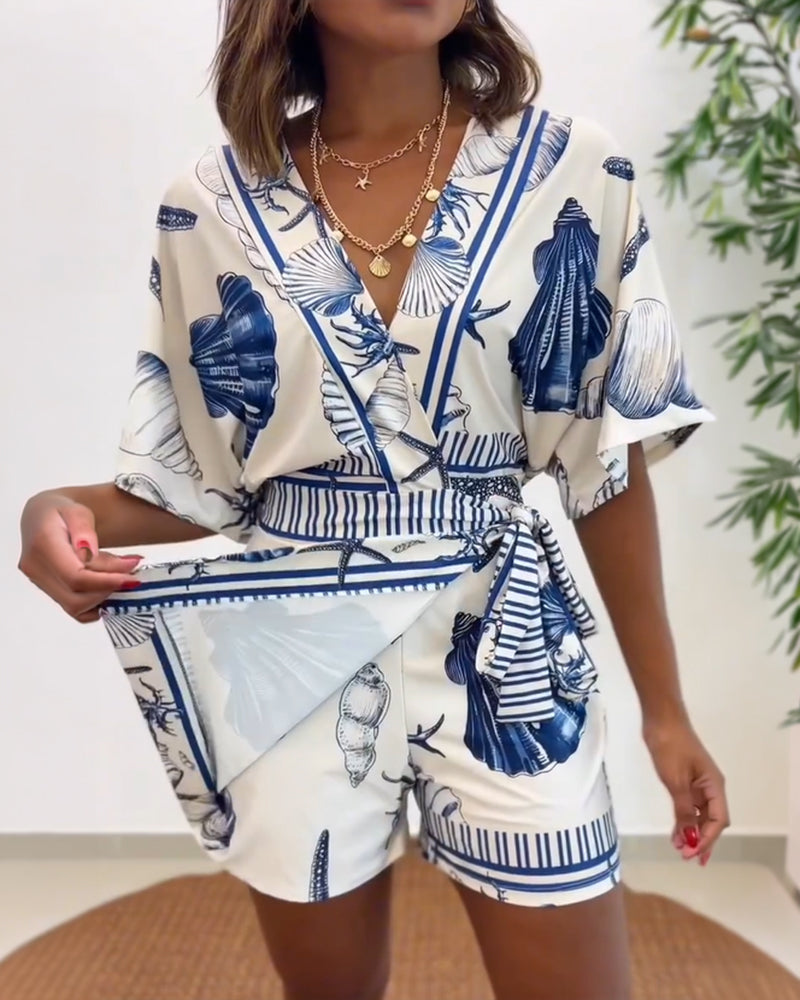 Women's Romper V-Neck Half Sleeve Wrap Knot with Seashell Print - Blue