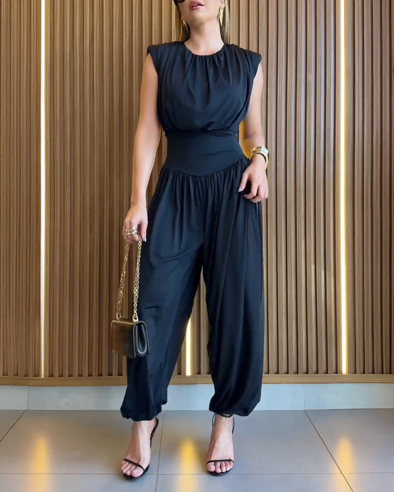 Women's Jumpsuit Sleeveless with Padded Shoulders and Cinched Waist - Black