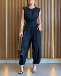 Women's Jumpsuit Sleeveless with Padded Shoulders and Cinched Waist - Black