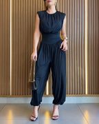 Women's Jumpsuit Sleeveless with Padded Shoulders and Cinched Waist - Black