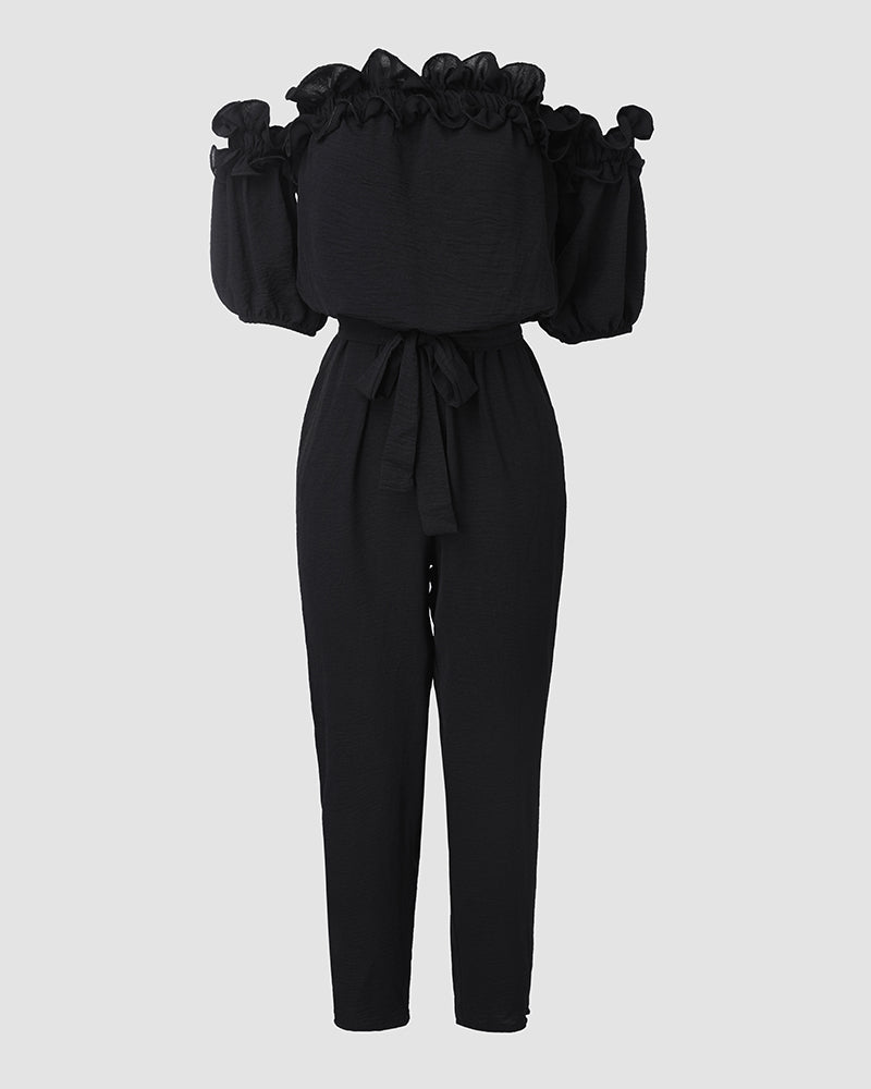 Women's Off-Shoulder Jumpsuit with Frill Trim and Tie Waist - 9
