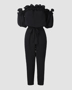 Women's Off-Shoulder Jumpsuit with Frill Trim and Tie Waist - 9