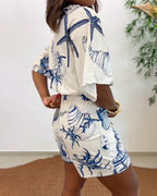 Women's Romper V-Neck Half Sleeve Wrap Knot with Seashell Print - 3
