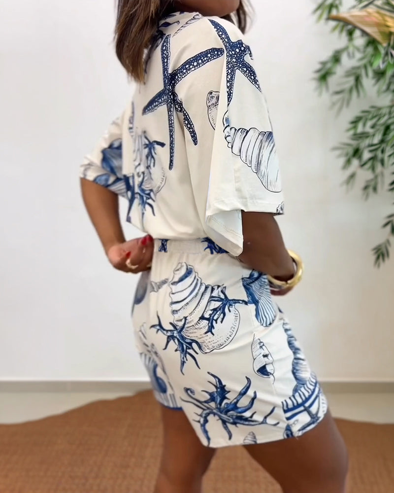 Women's Romper V-Neck Half Sleeve Wrap Knot with Seashell Print - 3
