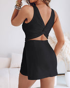 Women's Square Neck Backless Skort Romper with Ruched Waist - 10