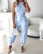 Women's Two-Piece Set Sleeveless High Neck Cargo Top and Cuffed Trousers - 4