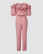 Women's Off-Shoulder Jumpsuit with Frill Trim and Tie Waist - 15