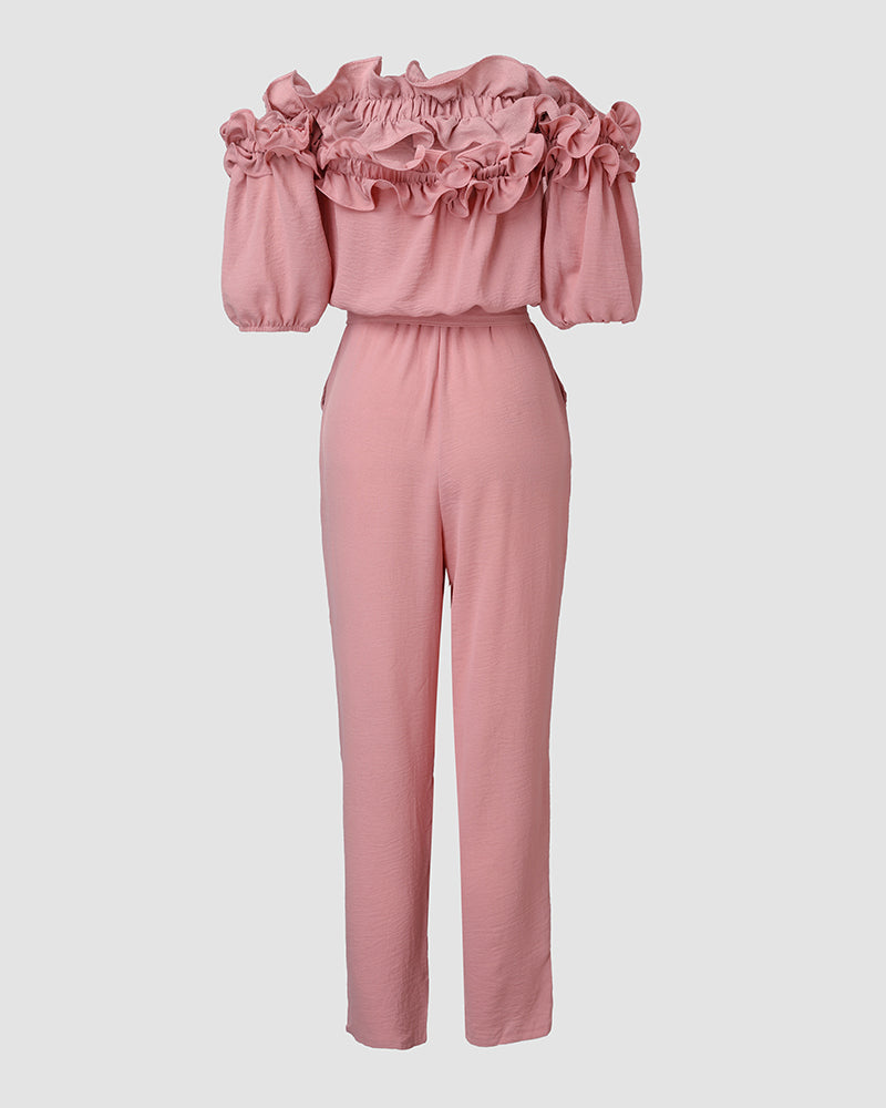 Women's Off-Shoulder Jumpsuit with Frill Trim and Tie Waist - 15
