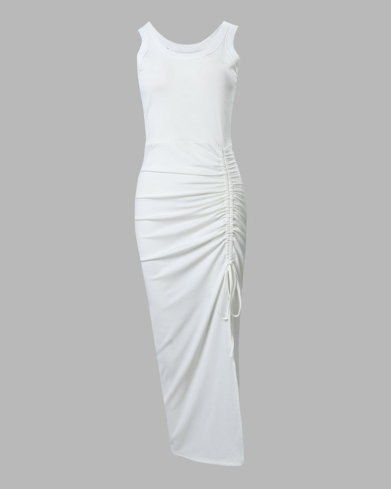 Women's Sleeveless Bodycon Maxi Dress with Ruched Drawstring Side Slit - 7