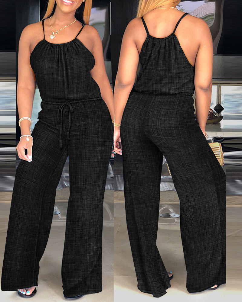 Women's Spaghetti Strap Jumpsuit with Tied Waist and Wide Leg - Black
