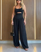 Women's Jumpsuit Cami Backless Ruched High Waist Cut-Out - Black