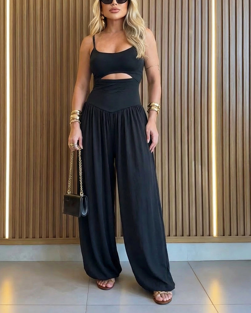 Women's Jumpsuit Cami Backless Ruched High Waist Cut-Out - Black