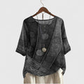 Women's Boho Top Round Neck with Patchwork Print and Button Detail - Grey