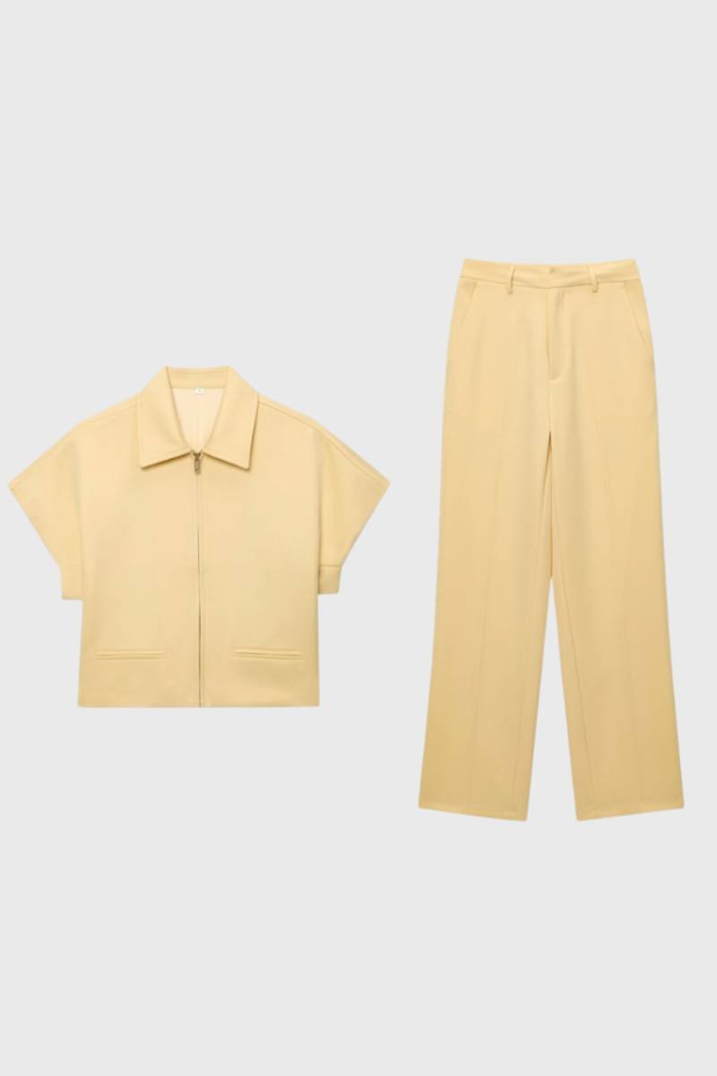Women's Two-Piece Set Cropped Zip Jacket with Wide Leg Trousers - Yellow