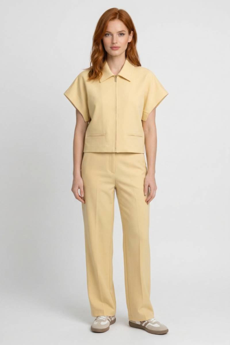 Women's Two-Piece Set Cropped Zip Jacket with Wide Leg Trousers - 2