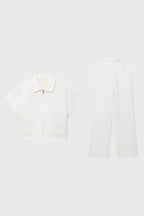 Women's Two-Piece Set Cropped Zip Jacket with Wide Leg Trousers - White