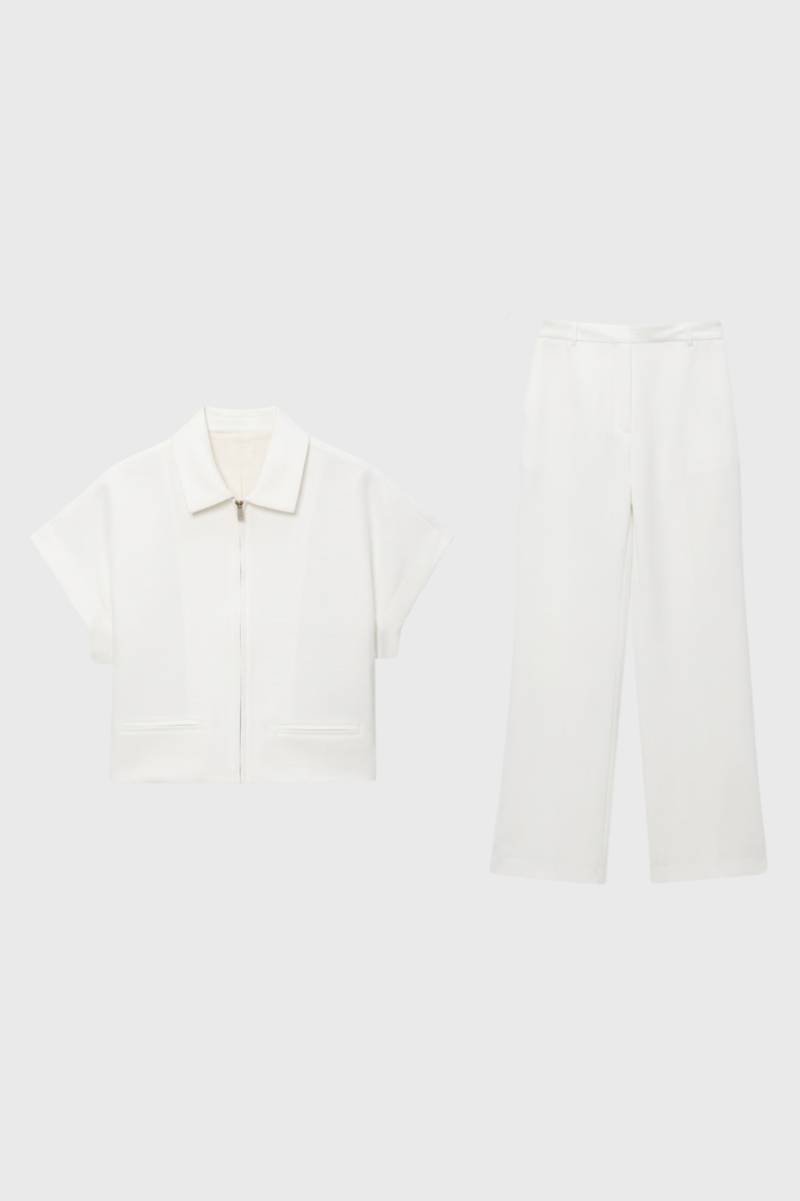 Women's Two-Piece Set Cropped Zip Jacket with Wide Leg Trousers - White