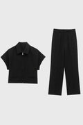 Women's Two-Piece Set Cropped Zip Jacket with Wide Leg Trousers - Black