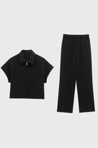 Women's Two-Piece Set Cropped Zip Jacket with Wide Leg Trousers - Black