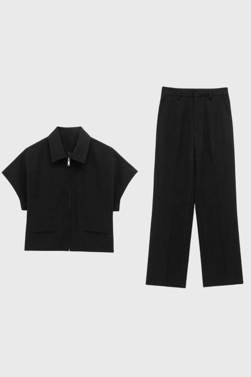 Women's Two-Piece Set Cropped Zip Jacket with Wide Leg Trousers - Black